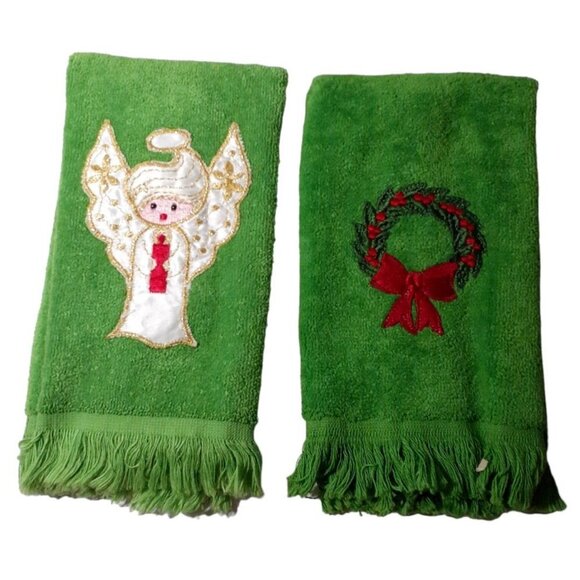 Vintage Christmas Fingertip Towels Fringe Edge Applique Embroidered Angel Wreath - Picture 6 of 6